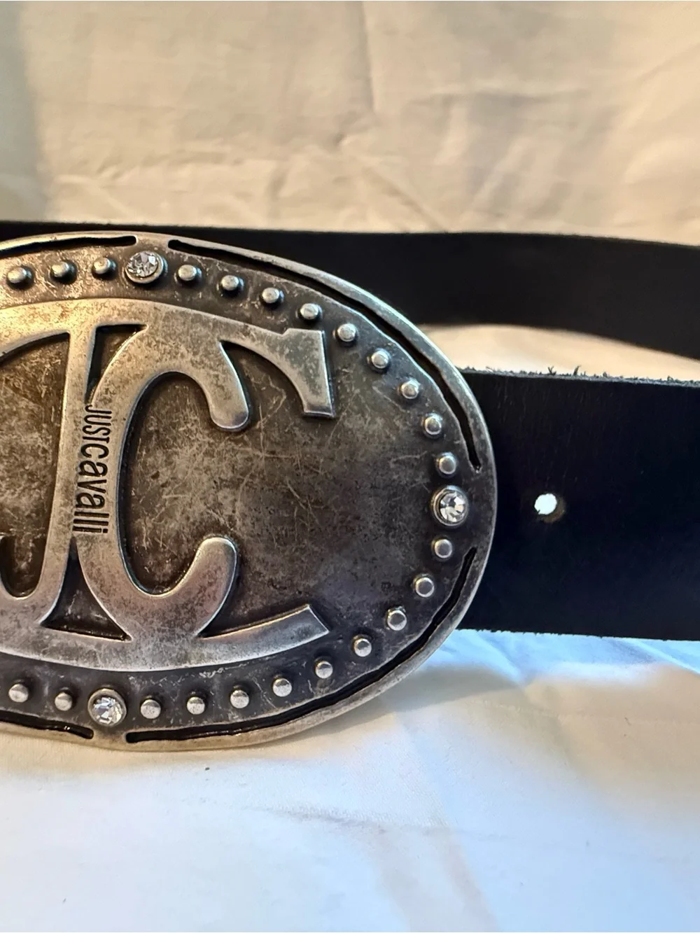 Just Cavalli Distressed Silver Oval Logo Buckle with Black Strap